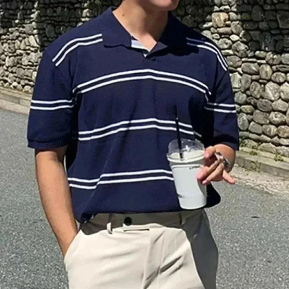 . Other - Navy Blue Casual Men's Striped Pattern Knit Top